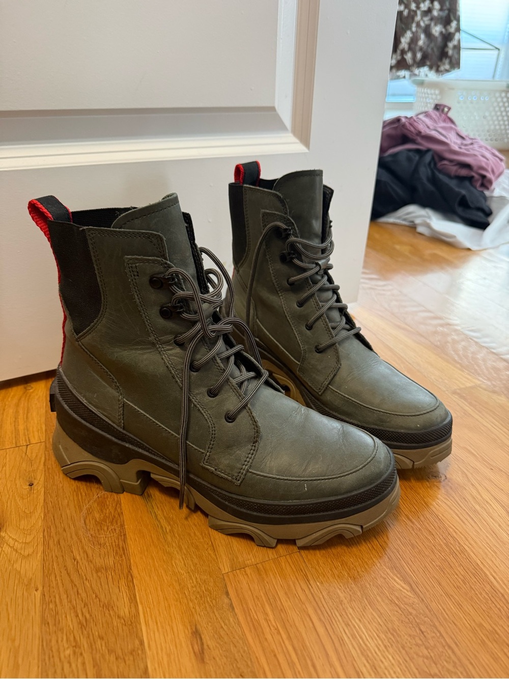 Sorel Olive Green Lace-Up Combat Boots with Red Pull Tabs
